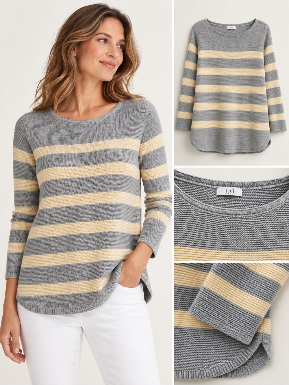 J. Jill Gray and Cream Striped Crewneck Sweater XLP